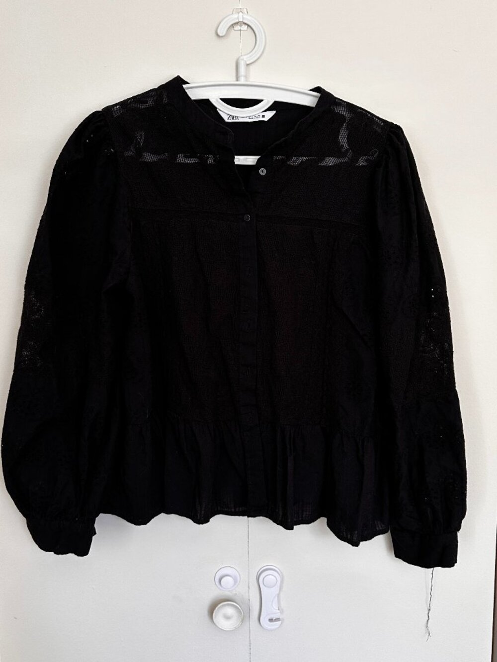 Zara black eyelet lace boho blouse Size L